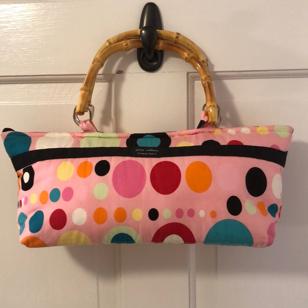 Anna William Newburyport Handbag. Multicolored. Faux bamboo handles.